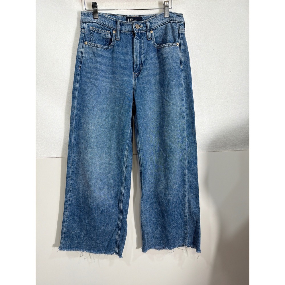 GAP High Rise Wide Leg Cropped Jeans Distressed Frayed Hem Blue Denim Size 4 R